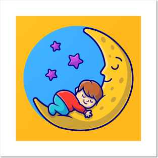 Cute Boy And Cute Moon Sleeping Cartoon Vector Icon Illustration Posters and Art